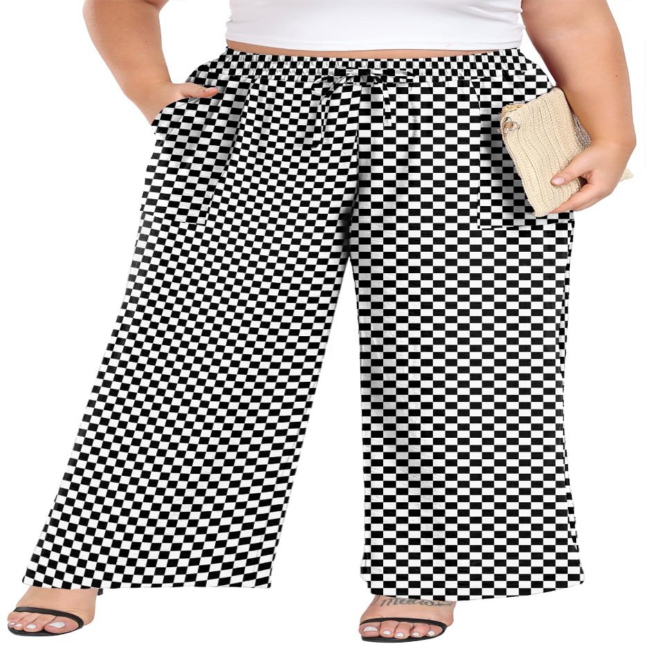 Lastshe Women's Plus Size Wide Leg Pants with Pockets High Waist Trousers for All Occasions,Black W Plaid,1X