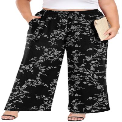 Lastshe Women's Plus Size Wide Leg Pants Summer Stretchy Drawstring Waistband Comfortable Fit Casual Trousers Pants with Pockets,Black W FL,4X