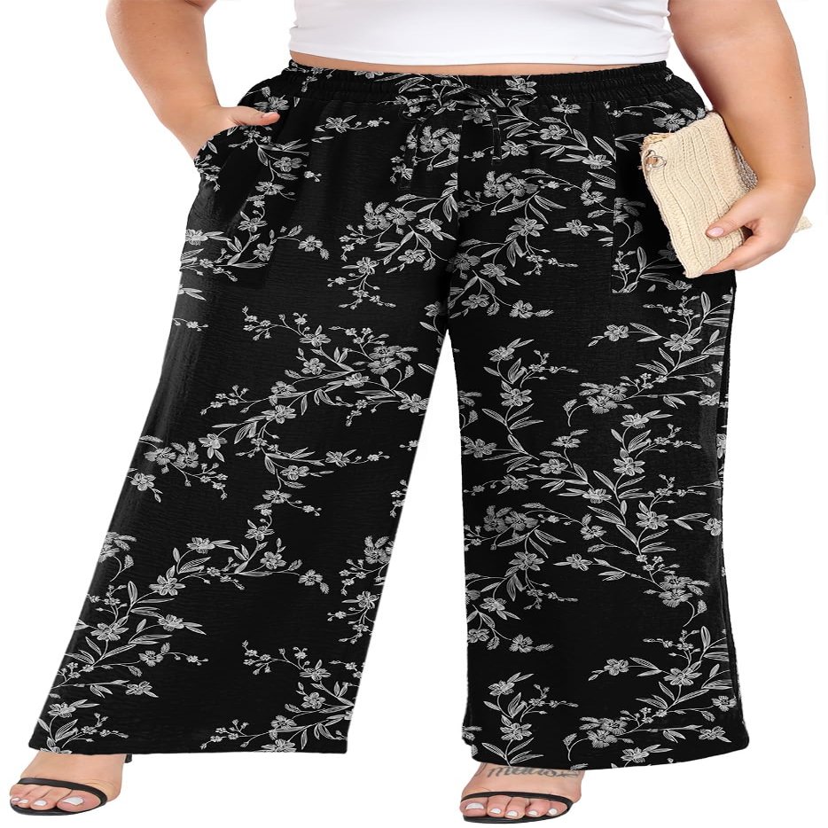 Lastshe Women's Plus Size Wide Leg Pants Summer Stretchy Drawstring Waistband Comfortable Fit Casual Trousers Pants with Pockets,Black W FL,4X