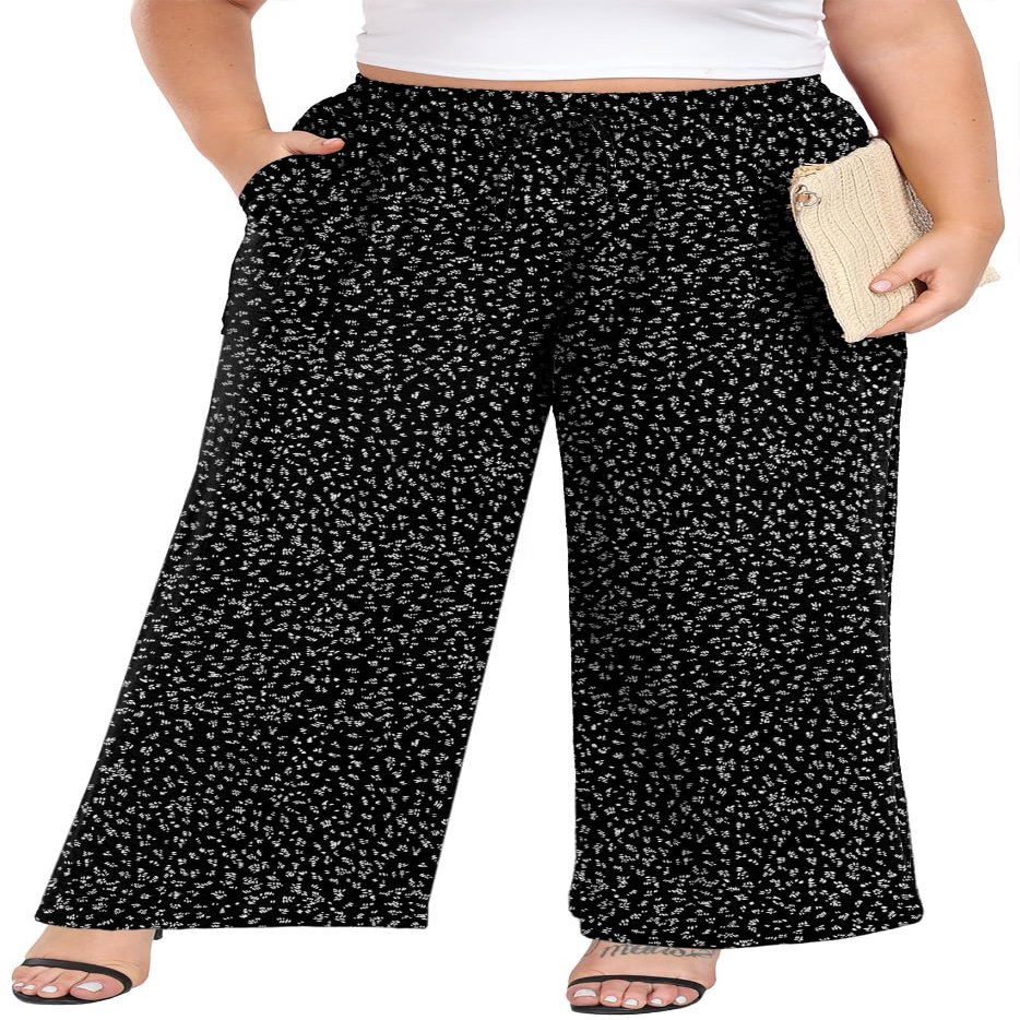 Lastshe Women's Plus Size Wide Leg Pants High Waisted Pants Slacks for Curvy Women,Black W Dot,3X
