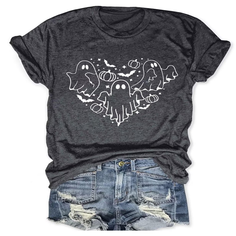 Epokay A Group of Floating Ghosts Bats Pumpkins Graphic Tees for Women Mystery Long Live Halloween Spirits T-Shirt