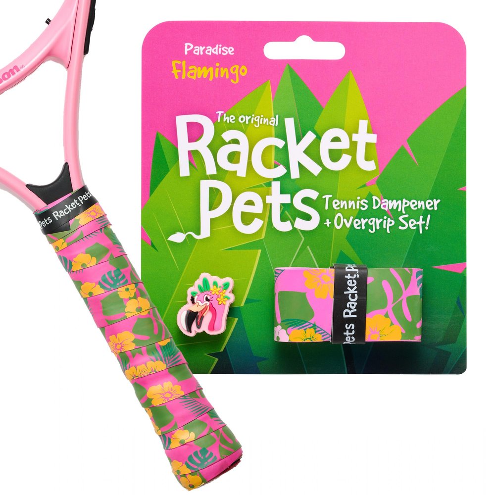 Racket Pets Kids Tennis Racket Dampener & Matching Overgrip Tape, Performance Shock Absorbing Dampener for Tennis Racket & Fun Animal Print Tennis Wrap Grip Tape (Flamingo)