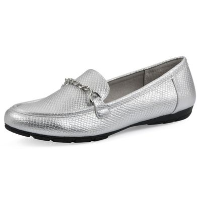 CLIFFS BY WHITE MOUNTAIN Women's Genius Cushioned Moc-Loafer, Silver/ES-Print, 8.5 W