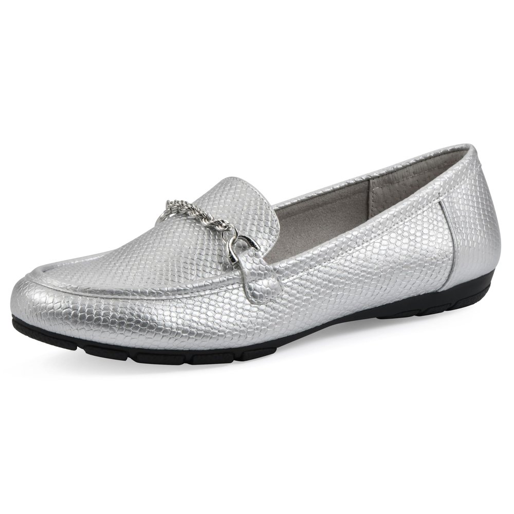 CLIFFS BY WHITE MOUNTAIN Women's Genius Cushioned Moc-Loafer, Silver/ES-Print, 8.5 W