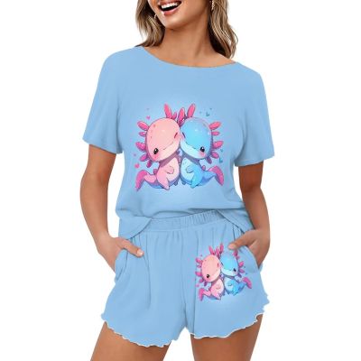 Reanaysto Cute Axolotl Pajama Shorts for Women Short Summer Womens Pajamas Sets 2 Piece Short Sleeve Top Sleepwear Pullover Womens Round Neck Pjs Lounge Set with Pockets