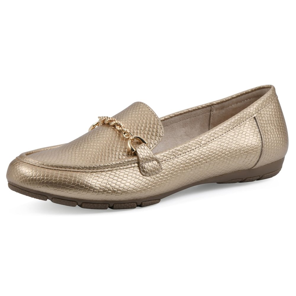 CLIFFS BY WHITE MOUNTAIN Women's Genius Cushioned Moc-Loafer, Gold/ES-Print, 7.5 M
