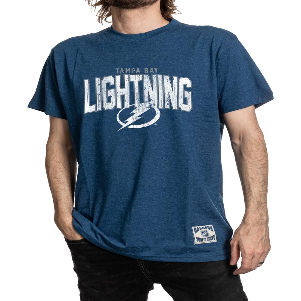 Calhoun NHL Surf & Skate Mens Vintage Style Distressed Heather Tone Rustic T-Shirt (Tampa Bay Lightning, Medium)