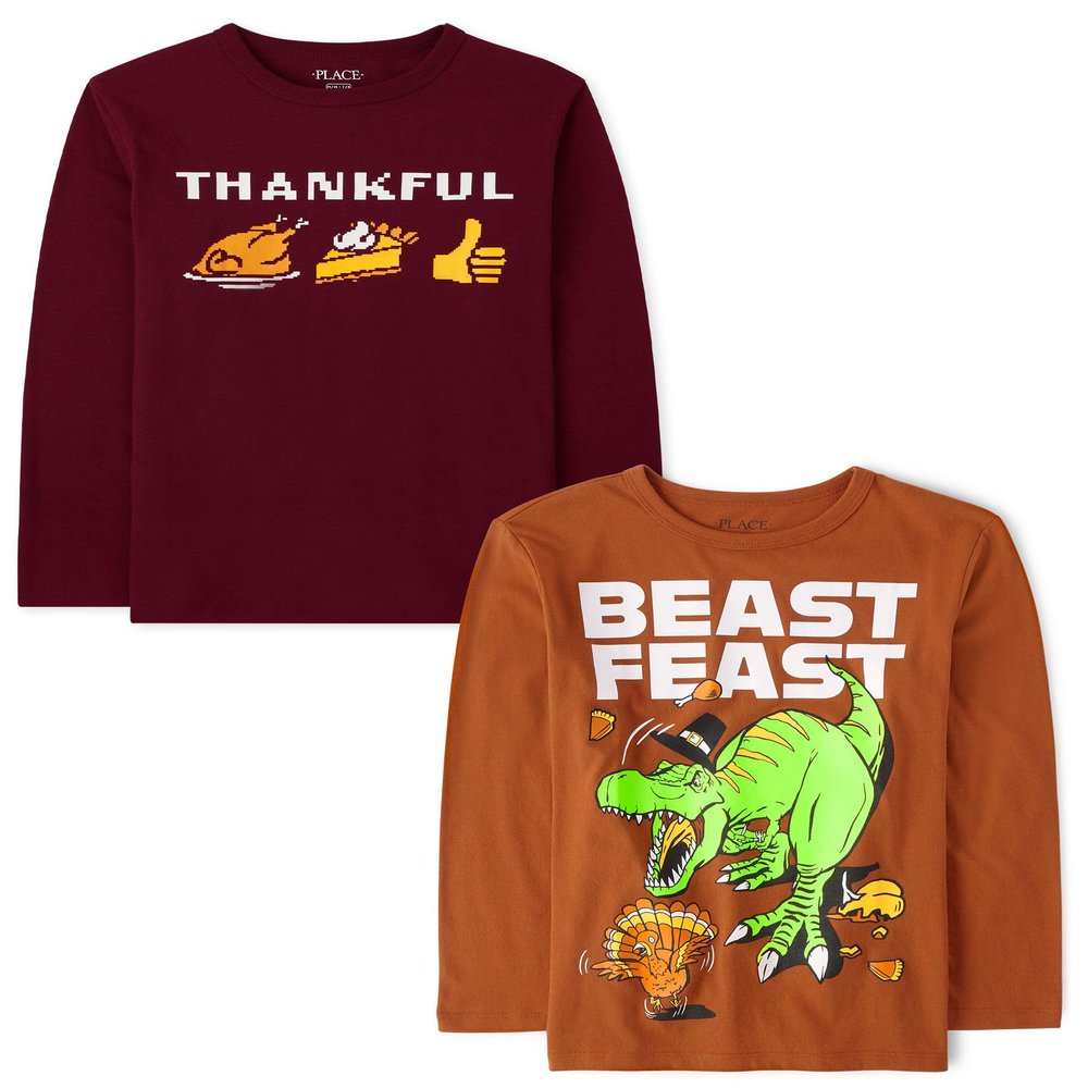 The Children's Place,Boys,All Holidays Long Sleeve Graphic T-Shirts,Multipacks,Thankful/Beast Feast 2-Pack,Medium