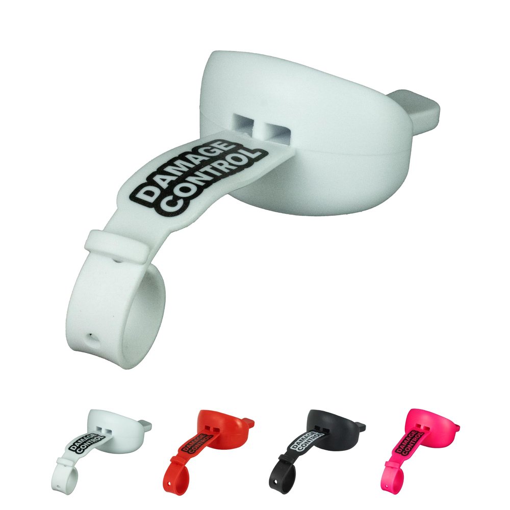 DAMAGE CONTROL Mouthguard with Permanent Helmet Strap, Youth Mouth Guard to Protect Lips & Teeth, No Boiling Pacifier, Breathable Binky Mouthpiece, Football Mouthpiece, Works with Braces (White)
