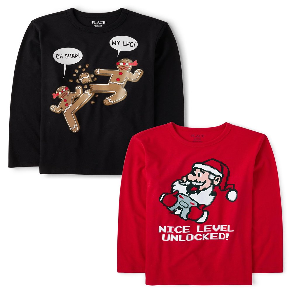The Children's Place,Boys,All Holidays Long Sleeve Graphic T-Shirts,Multipacks,Xmas Nice Level/Xmas Gingerbread 2-Pack,Large