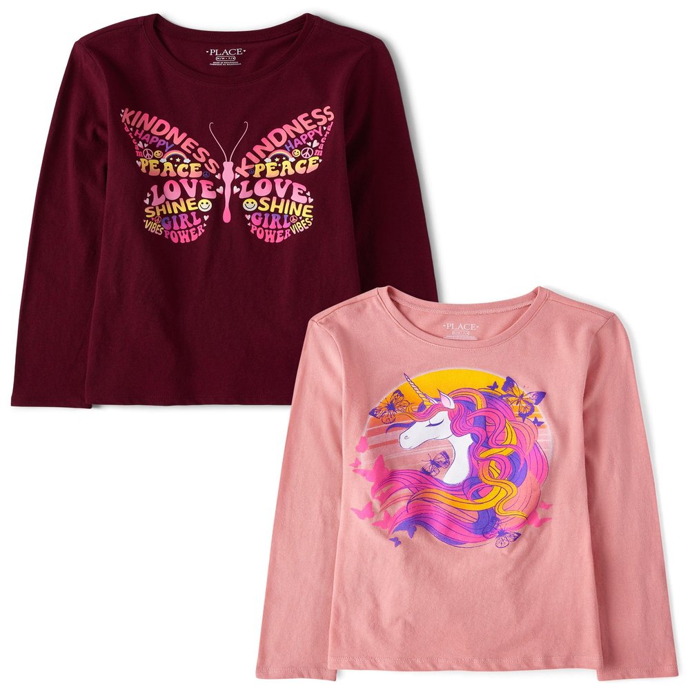 The Children's Place Girls Assorted Everyday Long Sleeve Graphic T-Shirts,Multipacks Butterfly/Unicorn 2-Pack Medium