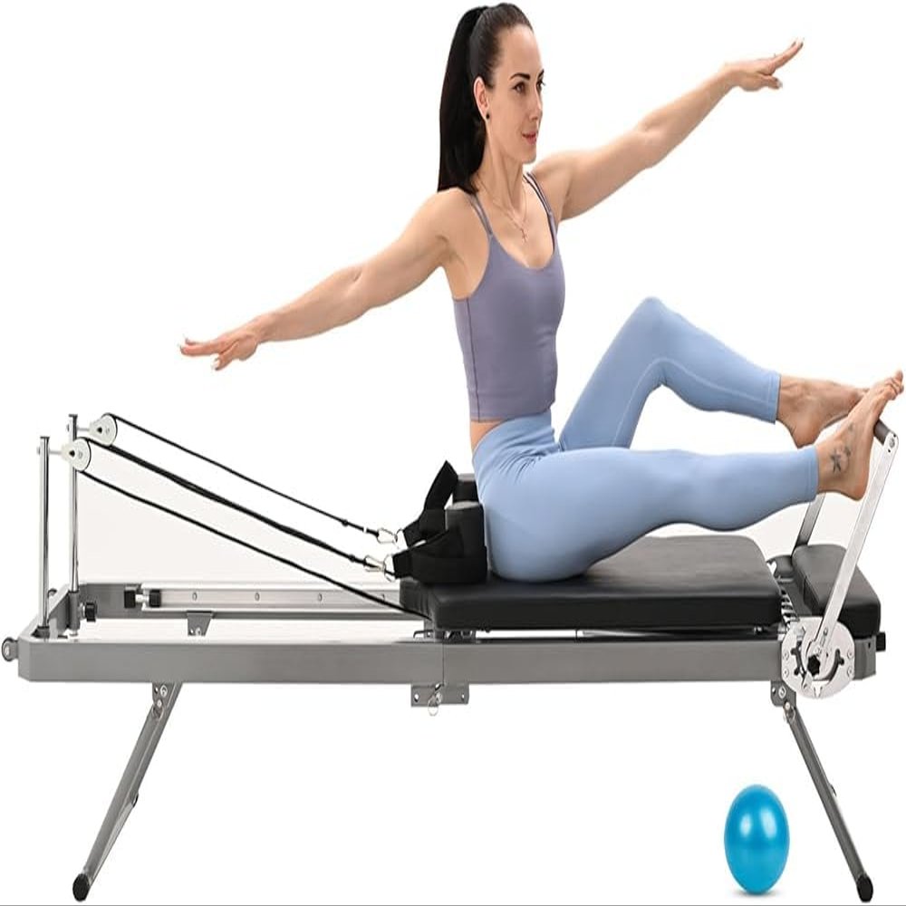 Foldable Pilates Reformer, Home Pilates Reformer Machine with 5 Metal Resistance Springs, Maximum Tension 150 lbs Pilates Equipment Exerciser for Home Workout and Gym