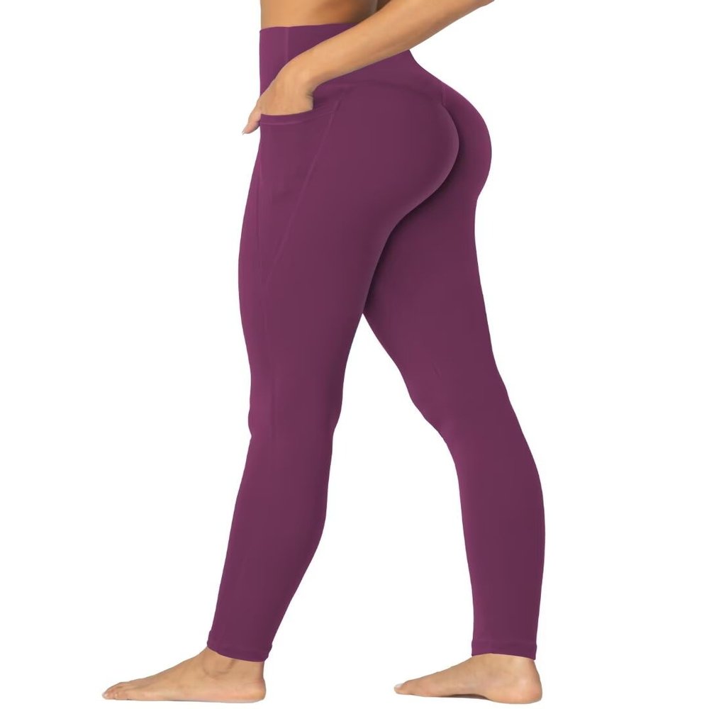 Sunzel Invisible Butt Scrunch Workout Leggings with Pockets for Women, No Front Seam Booty Gym Yoga Pants with Tummy Control 28" Cherry Red X-Small