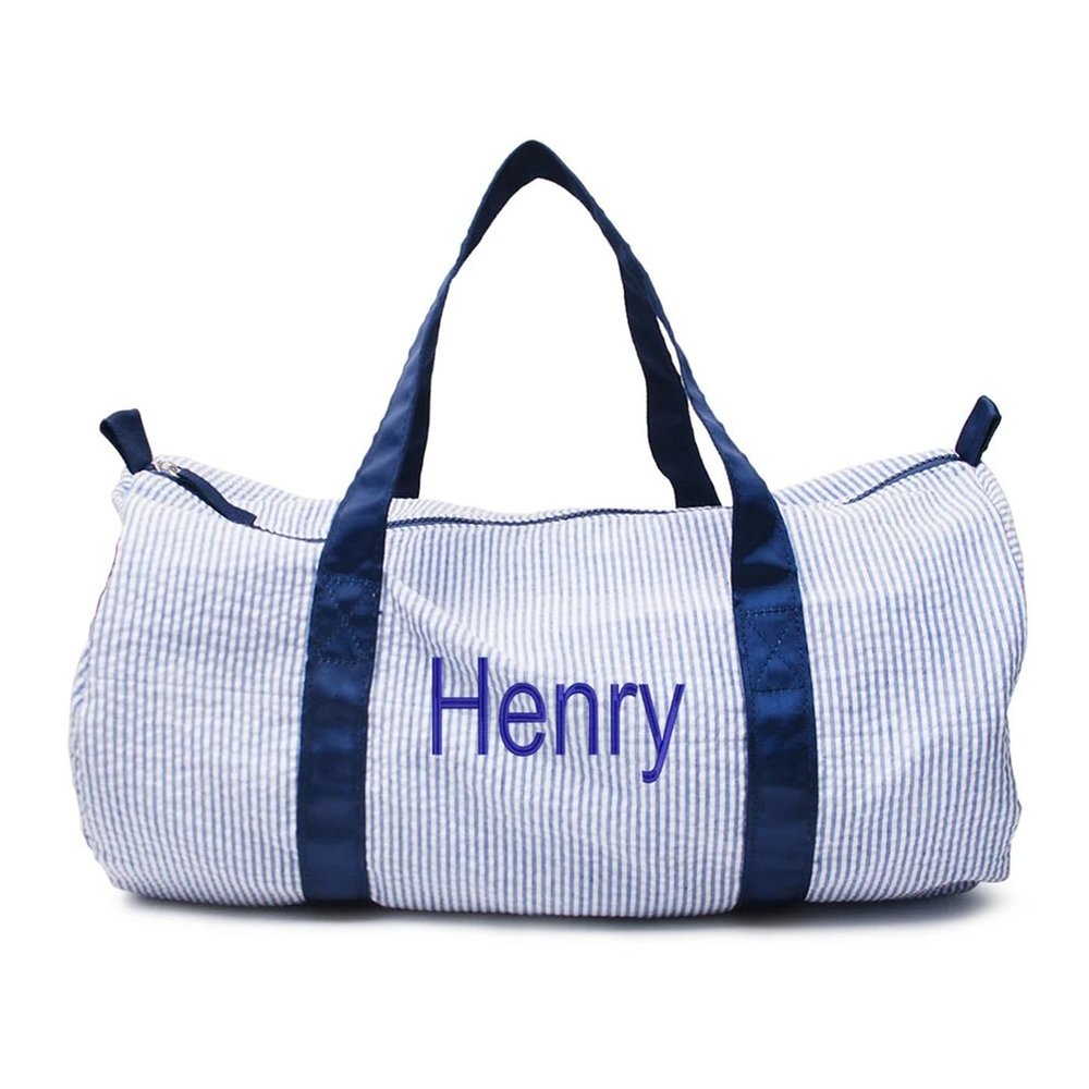 Personalized Baby Duffle Bag, Monogram Seersucker Kid Travel Bag, Kids Duffel Bag, Toddler Diaper Bag, Child Gifts, Overnight Bag, Dance Bag, Dark Blue, Large