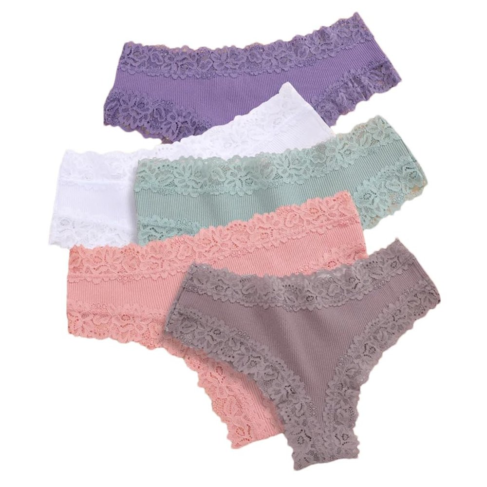 5PCS/Set Women Lace Seamless Cotton Panties Ribbed Breathable Underwear Soft Briefs Lightweight Underpants