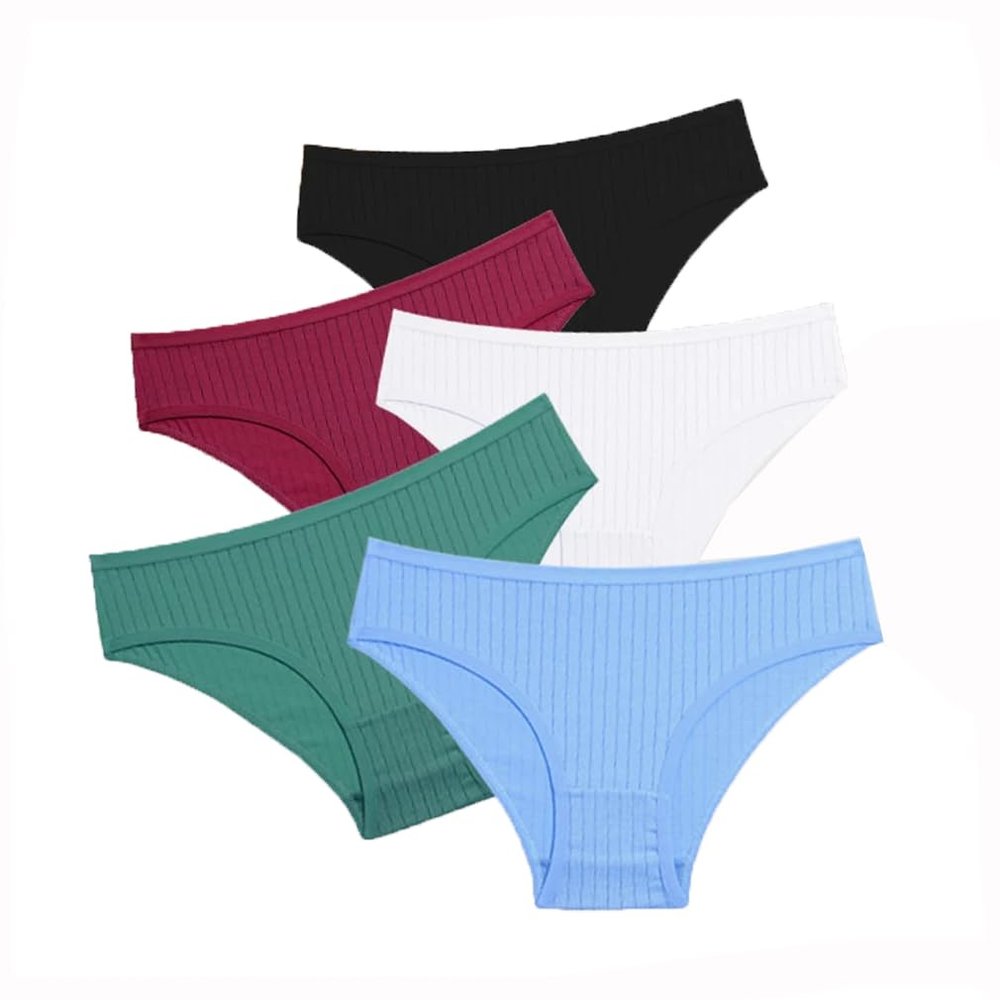 5PCS/Set Cotton Ribbed Striped Underwear For Women Soild Color Stretch Briefs Ladies Soft Panties Plus Size