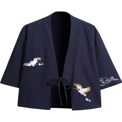 Bollrllr 2024 Men's Embroidered Haori Kimono Harajuku Large Size Cardigan Yukata Asian Style Clothing Navy1 4XL 86 to 91kg