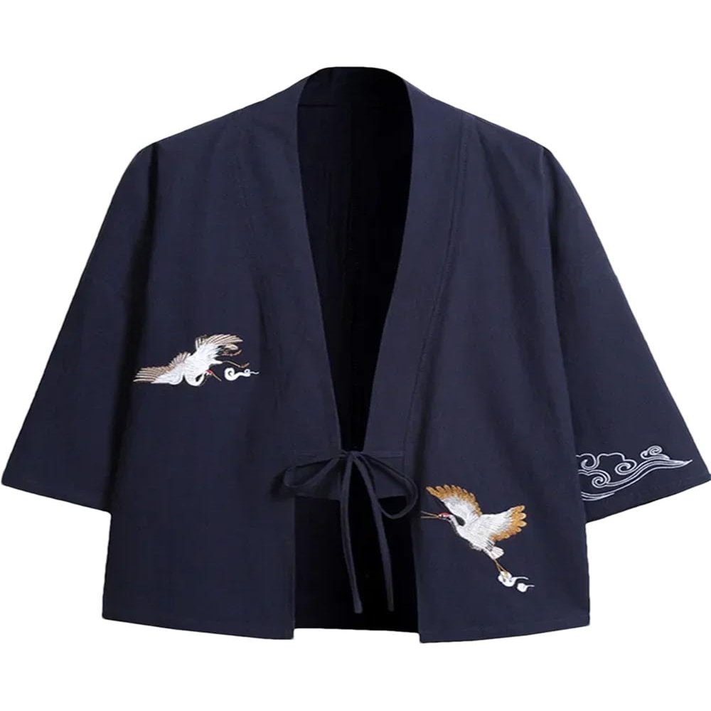 Bollrllr 2024 Men's Embroidered Haori Kimono Harajuku Large Size Cardigan Yukata Asian Style Clothing Navy1 4XL 86 to 91kg