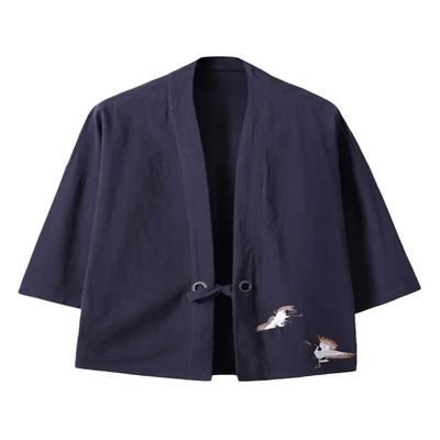 Bollrllr 2024 Men's Embroidered Haori Kimono Harajuku Large Size Cardigan Yukata Asian Style Clothing Navy XXL 72 to 78kg