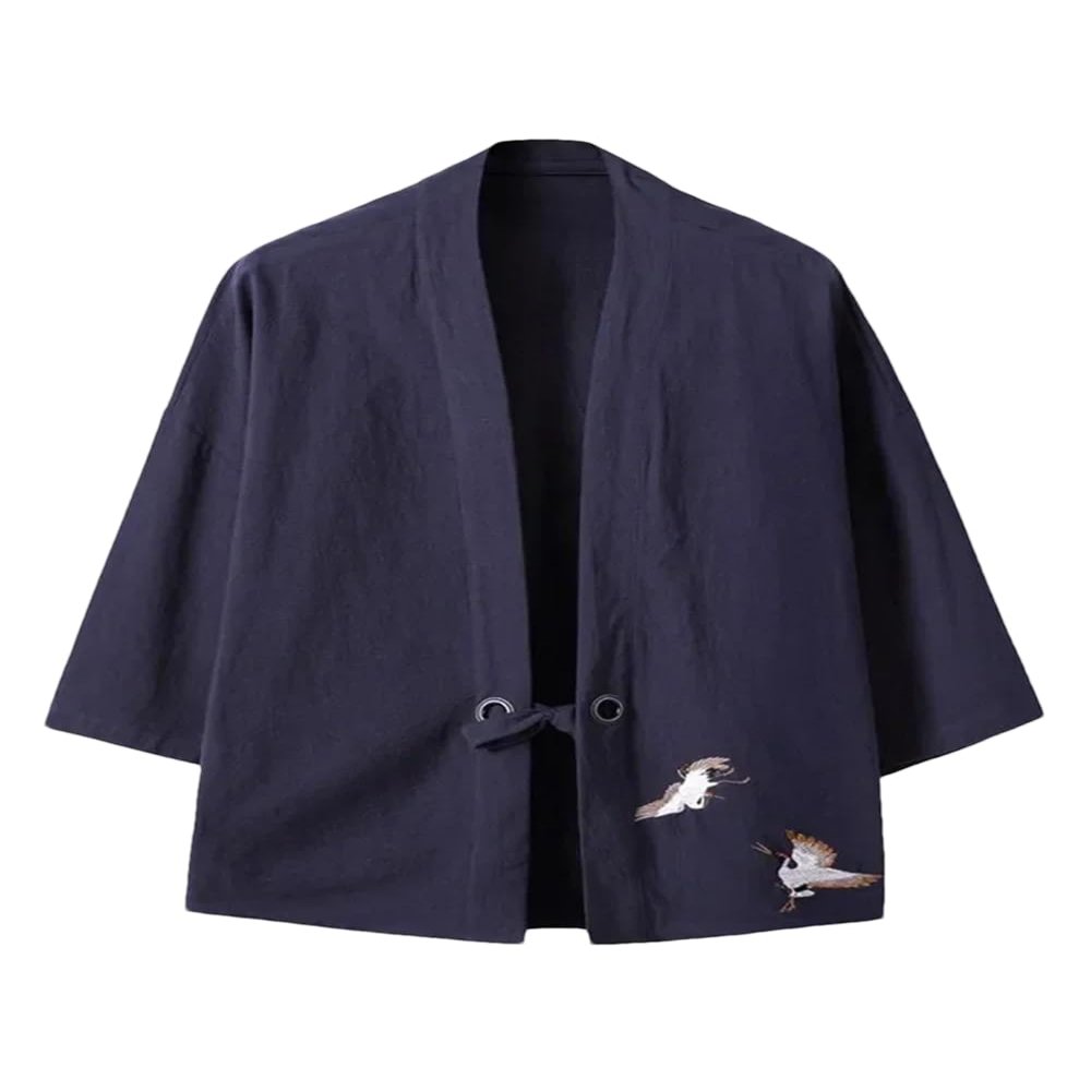 Bollrllr 2024 Men's Embroidered Haori Kimono Harajuku Large Size Cardigan Yukata Asian Style Clothing Navy XXL 72 to 78kg