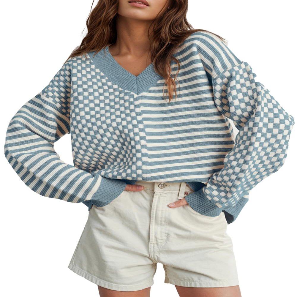 UNCLECAT Womens Striped Checkered Sweater V Neck Fall Trendy Pullover Tops
