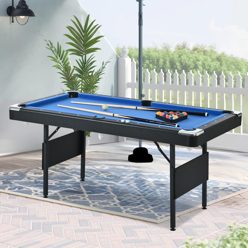 5.3 ft Portable Pool Table, Billiard Tables, Foldable Mesa De Billar para Space-Saving with Billiard Complete Set of Accessories, Indoor or Outdoor Pool Table (Blue+Blak)