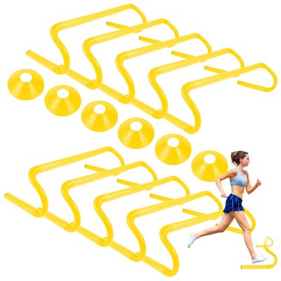 QIJISTORM 10 Pcs 6" Speed Agility Training Hurdles with 6 Marker Cone Durable Detachable Training Equipments Plyometric All Speed Hurdle for Athletes Soccer Basketball Football Practice Yellow