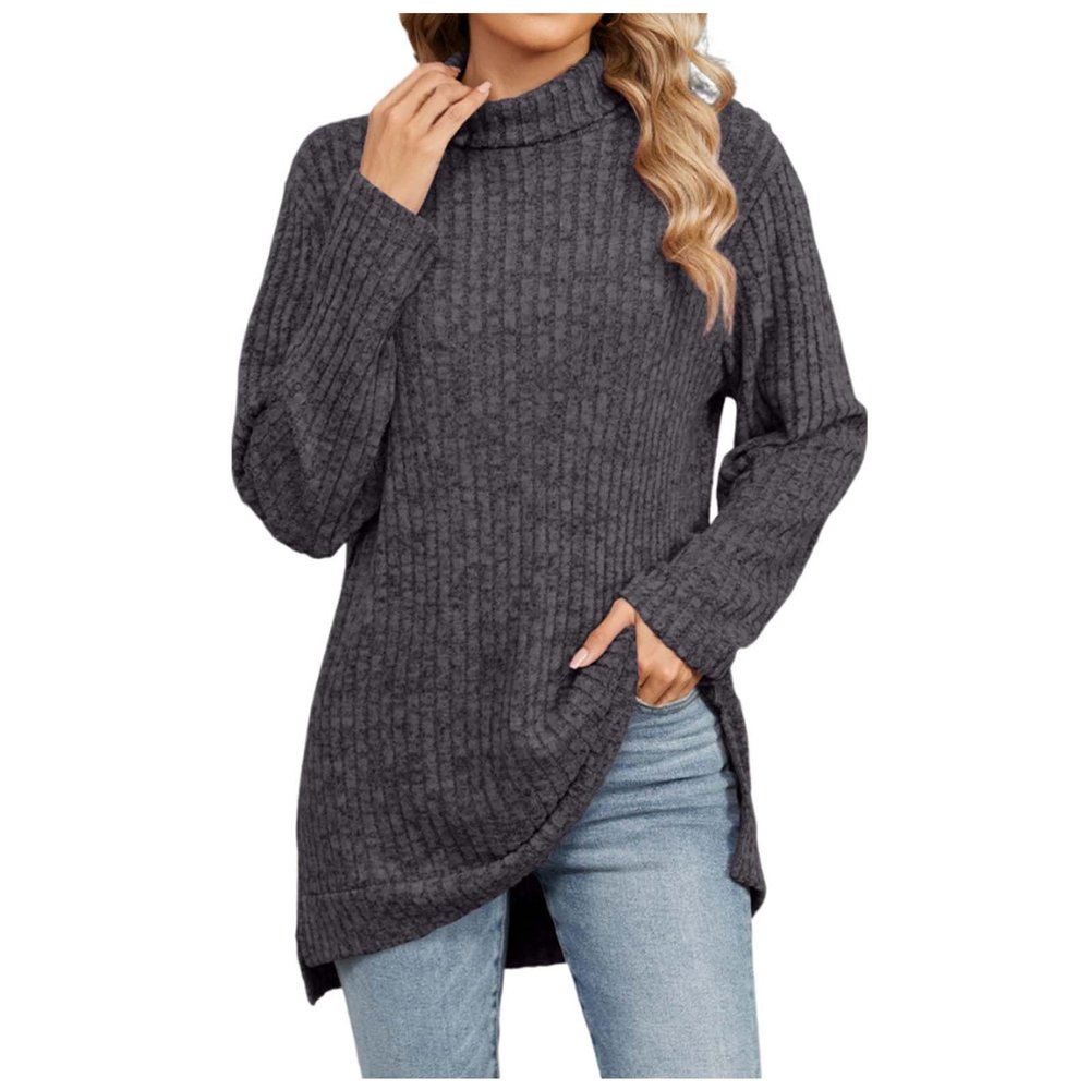 Akklian Women's Turtleneck Oversized Sweaters 2024 Fall Winter Long Sleeve Slit Hem Tunic Pullover Sweater Knit Tops Trendy Dark Gray