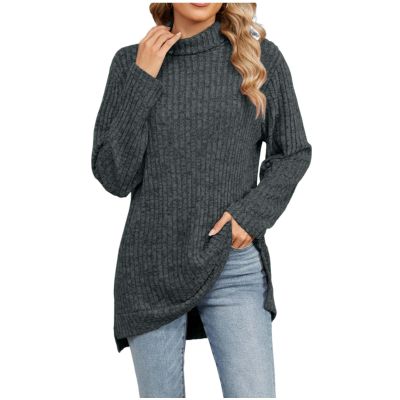 Akklian womens fashion Women's Turtleneck Oversized Sweaters 2024 Fall Winter Long Sleeve Slit Hem Tunic Pullover Sweater Knit Tops Trendy Army Green