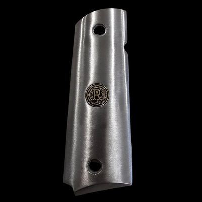 Stainless Steel 1911 Full-Size Grips with 24K Gold Medallions, Round Top, Ambi Cut-Add Your Personal Initials .45ACP (Right Side Grip Letter R)