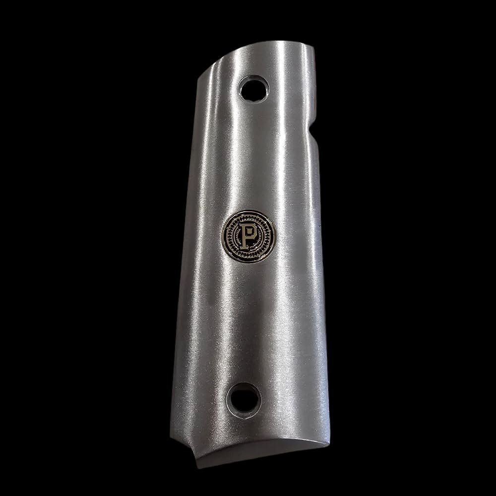 Stainless Steel 1911 Full-Size Grips with 24K Gold Medallions, Round Top, Ambi Cut-Add Your Personal Initials .45ACP (Right Side Grip Letter P)