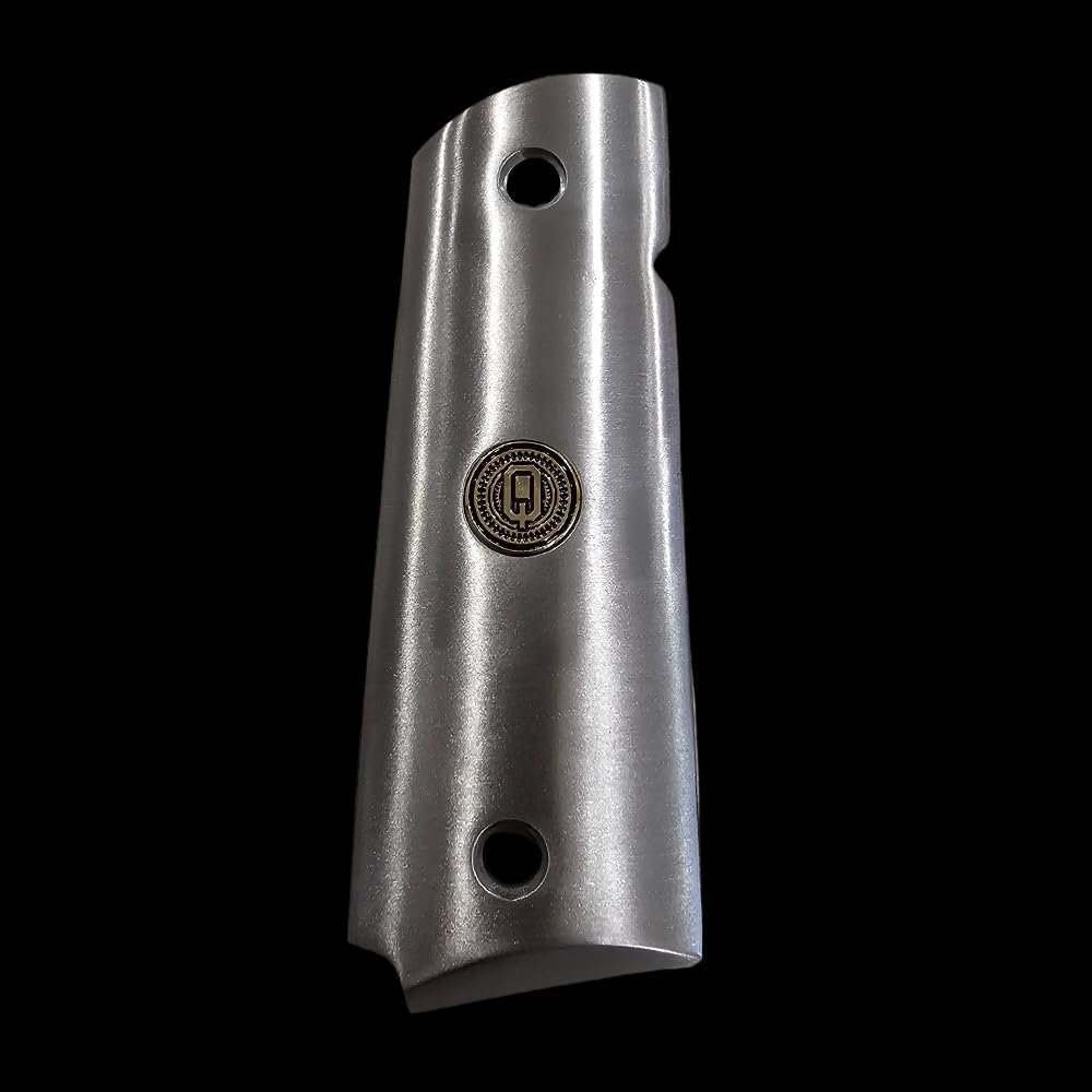 Stainless Steel 1911 Full-Size Grips with 24K Gold Medallions, Round Top, Ambi Cut-Add Your Personal Initials .45ACP (Right Side Grip Letter Q)
