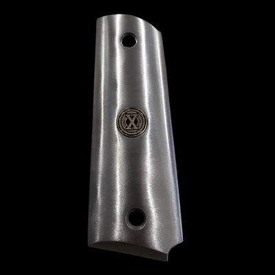Stainless Steel 1911 Full-Size Grips with 24K Gold Medallions, Round Top, Ambi Cut-Add Your Personal Initials .45ACP (Left Side Grip Letter X)