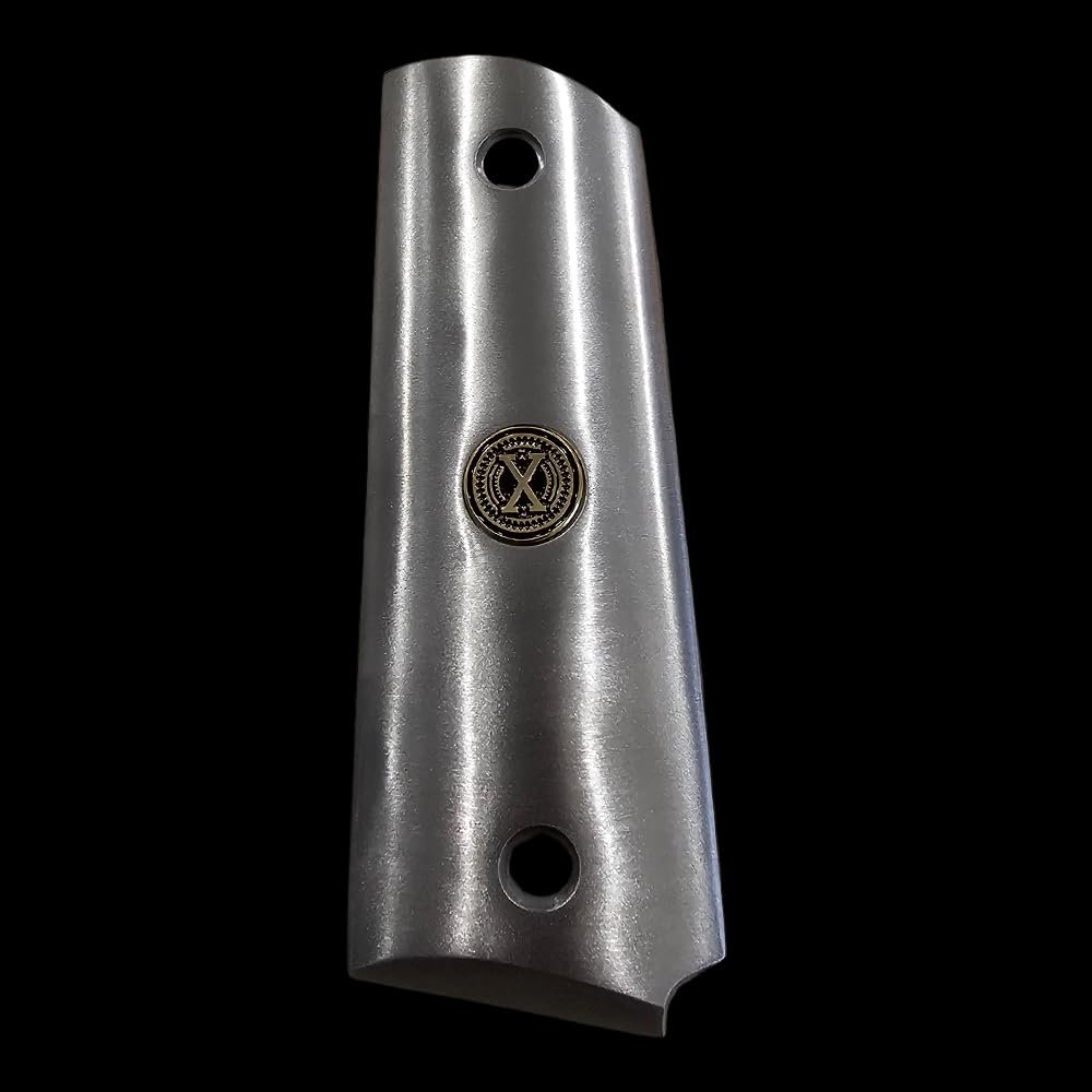 Stainless Steel 1911 Full-Size Grips with 24K Gold Medallions, Round Top, Ambi Cut-Add Your Personal Initials .45ACP (Left Side Grip Letter X)