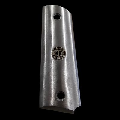 Stainless Steel 1911 Full-Size Grips with 24K Gold Medallions, Round Top, Ambi Cut-Add Your Personal Initials .45ACP (Left Side Grip Letter T)