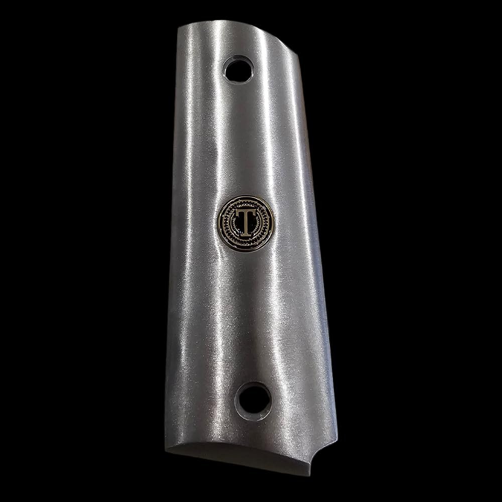 Stainless Steel 1911 Full-Size Grips with 24K Gold Medallions, Round Top, Ambi Cut-Add Your Personal Initials .45ACP (Left Side Grip Letter T)