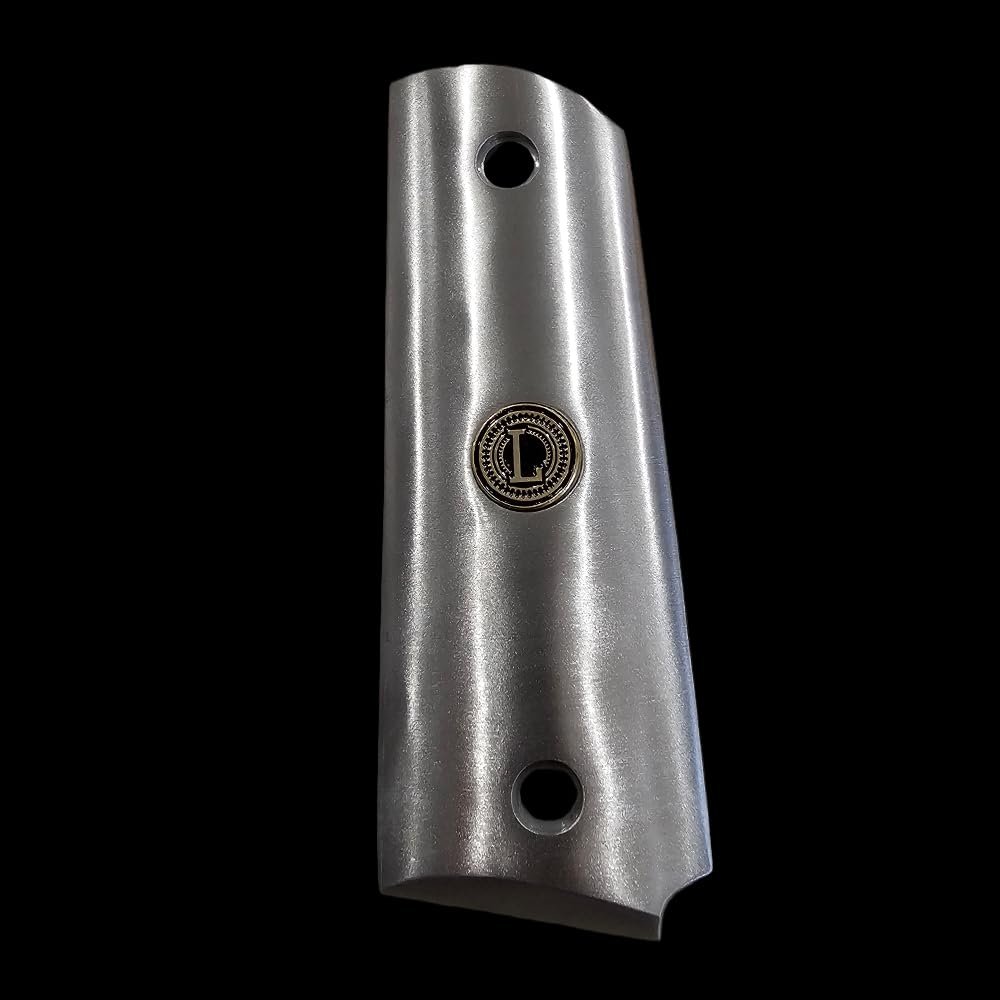 Stainless Steel 1911 Full-Size Grips with 24K Gold Medallions, Round Top, Ambi Cut-Add Your Personal Initials .45ACP (Left Side Grip Letter L)