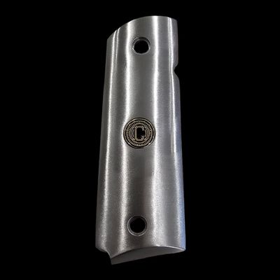 Stainless Steel 1911 Full-Size Grips with 24K Gold Medallions, Round Top, Ambi Cut-Add Your Personal Initials .45ACP (Right Side Grip Letter C)