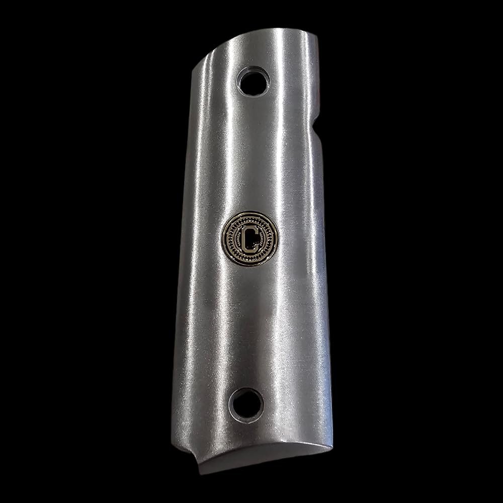 Stainless Steel 1911 Full-Size Grips with 24K Gold Medallions, Round Top, Ambi Cut-Add Your Personal Initials .45ACP (Right Side Grip Letter C)