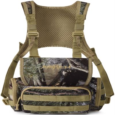 AMHEH Binocular Harness Hunting Chest Pack - Silent Anti Glare Bino Bag with Rangefinder Pouch and Magnetic Flap, Also for Birding, Hiking, Fits Up to 56 Inches Chests (Camo)