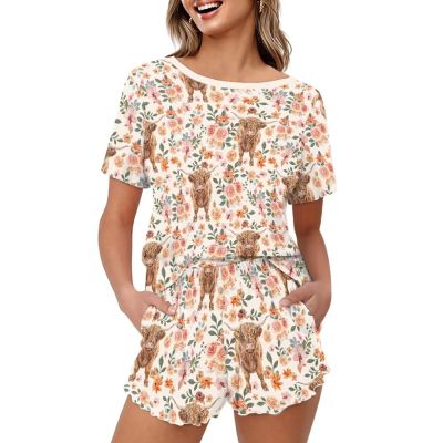 Reanaysto Highland Cow Pajama Shorts Set for Women Pajamas Set Short Sleeve Top and Pant with Pockets Casual Loungewear 2 Piece Outfits Woman Sleepwear Pj Lounge Pullover Nightwear