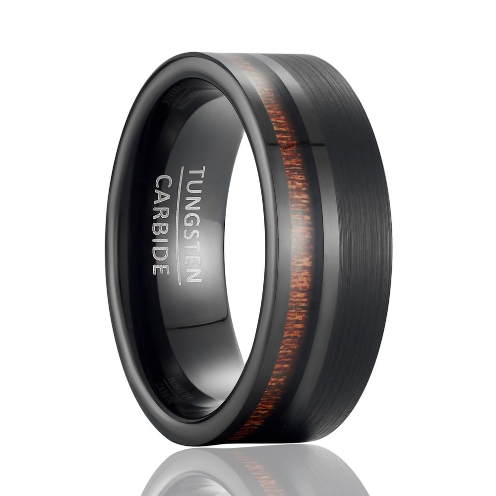 SOXEMAN 8mm Wide Men's Tungsten Wedding Band, Dual-Section Design with Wood Grain Channel & Brushed Finish | Black & Brown | Size 10