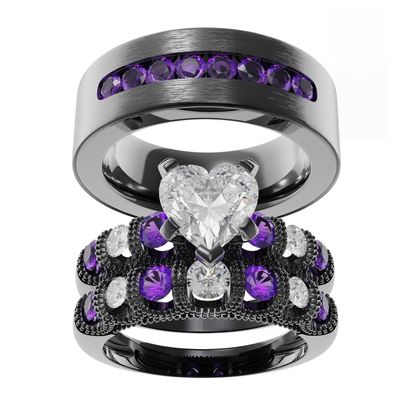 Couple Ring Bridal Set His Hers Black Gold Plated White Heart Blue Sapphire CZ Titanium steel Wedding Ring Band Set