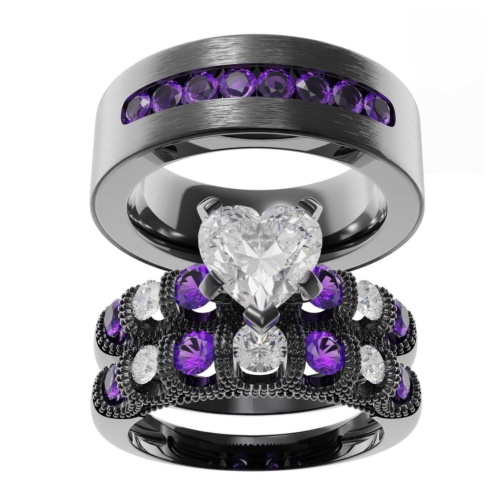 Couple Ring Bridal Set His Hers Black Gold Plated White Heart Blue Sapphire CZ Titanium steel Wedding Ring Band Set