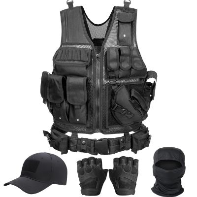 VPZenar Airsoft Tactical Vest with Mesh, Detachable Holster and Belt, Black, Lightweight, Sports Training Plate, Includes Cap, Gloves, Balaclava