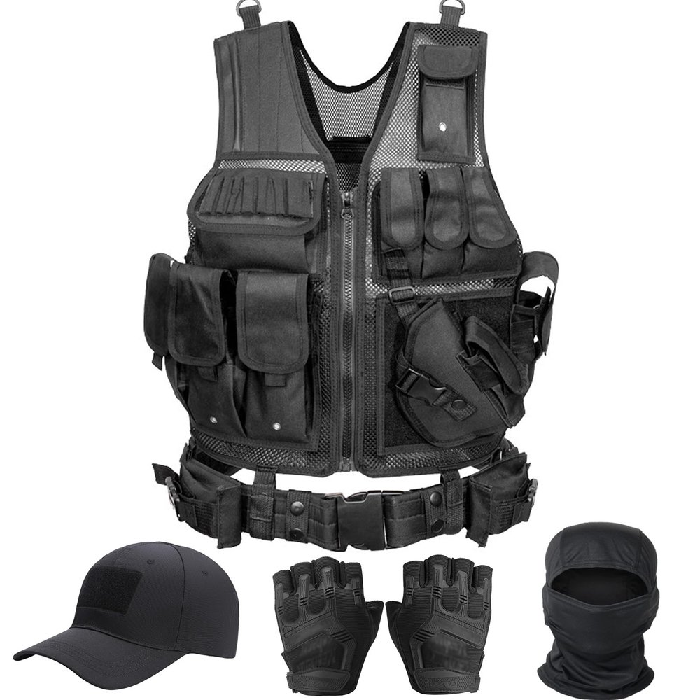 VPZenar Airsoft Tactical Vest with Mesh, Detachable Holster and Belt, Black, Lightweight, Sports Training Plate, Includes Cap, Gloves, Balaclava