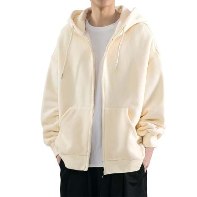 GOKKILRW Zip Up Sweatshirt Coat Men Casual Plain Color Hoodies Fall Winter Teen Boy Hooded Jackets Bomber Track Shirts Outwear Outdoor Hiking Jogging Sweat Shirt Beige