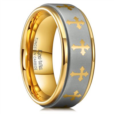 King Will 8mm Gold Tungsten Rings for Men Mens Two-Tone Cross Bible Ring Male Religious Faith Wedding Band Brushed Finish Stepped Edge Comfort Fit Durable, Size 10.5