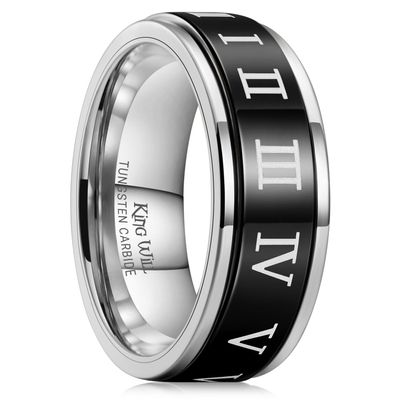 King Will 8mm Silver Black Mens Wedding Ring Tungsten Carbide Ring for Men Roman Numerals Engraved High Polished Surface Wedding Band Step Edge Comfort Fit Size 8