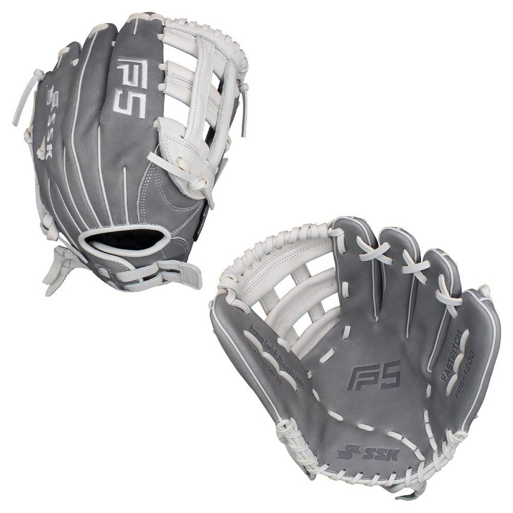 SSK FP5 Fastpitch Softball Glove Infield - Outfield - Pitcher 11.5-11.75-12-12.25-12.5-12.75-13 Right & Left Hand Throw (Grey/White - H Web, 12" - Right Hand Throw)